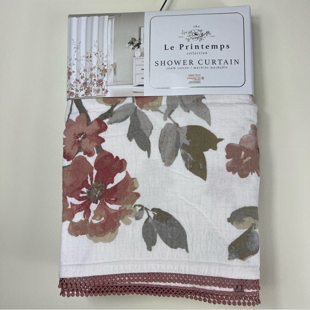 Le Printemps Floral Shower Curtain - Multi Color with Lace Trim - 100% Cotton